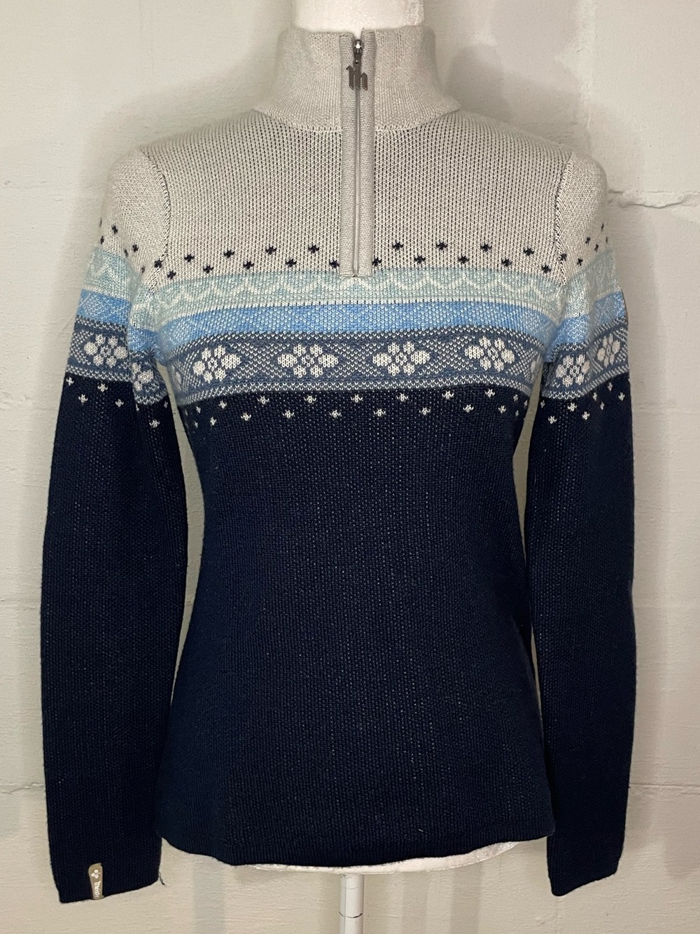 Women's Fair Isle Half-Zip Turtleneck Sweater in Navy and Light Gray